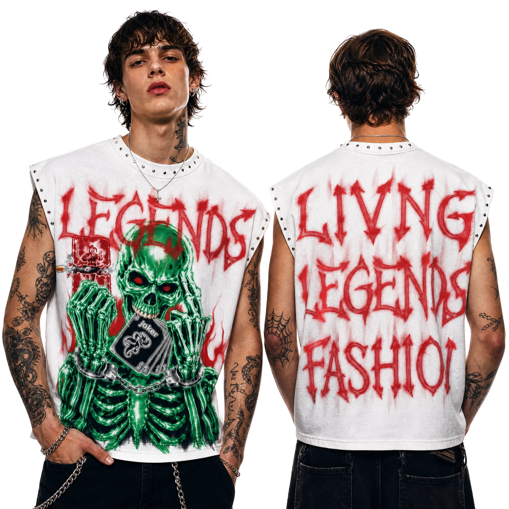 Skull Graphic Rhinestone Sleeveless Tee featuring bold graphics and edgy design.
